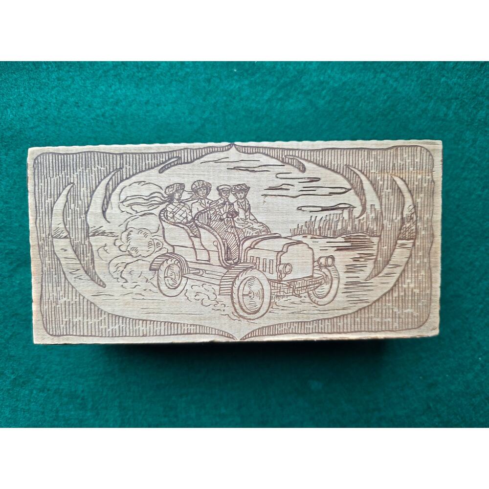 Antique 1910/1920s, beautiful wood burnt model T decorated, men’s dresser box
